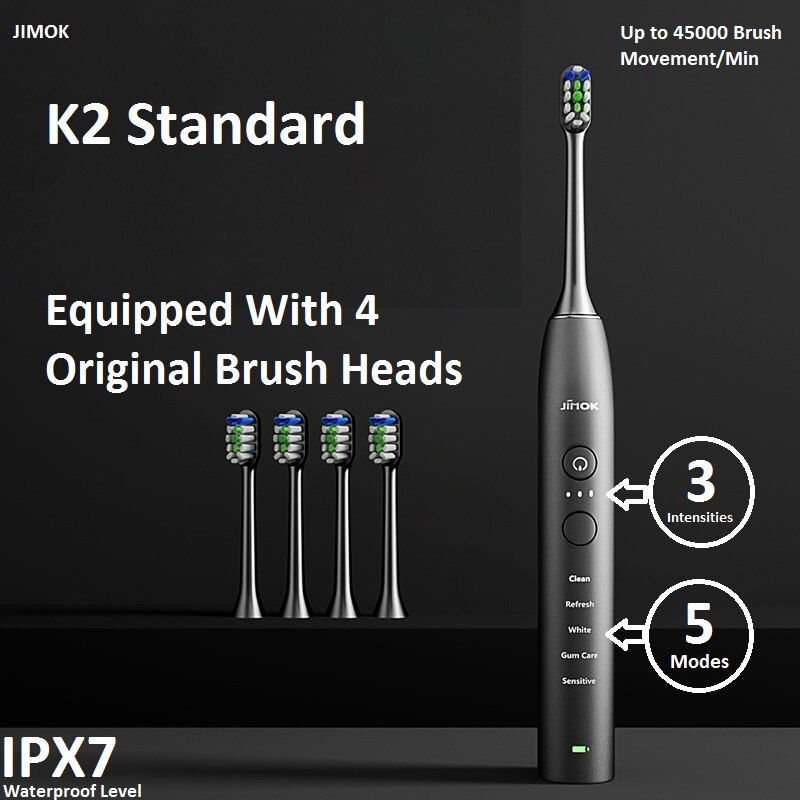 Jimok sônica escova de dentes elétrica, escova de dentes ultra sônica, recarregável, limpador de dentes elétrico adulto (k2): K2-4-Black