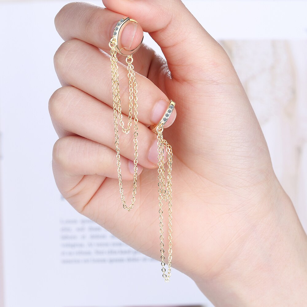 ANENJERY Sparkling Mosaic Cubic Zircon Tassel Chain Hoop Earrings Silver Color Ear Jewelry For Women S-E1111