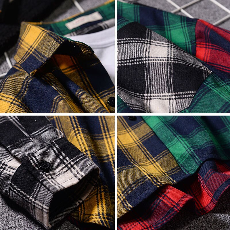 Spring And Autumn Plaid Long-Sleeved Shirt For Men And Women Couples Loose Color Matching Hip-Hop Trend Thin Shirt