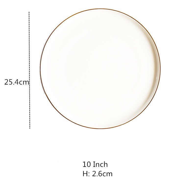 Assiette à dîner en porcelaine glaçure, assiette ronde nordique en céramique, bord en or massif, plateau à Dessert, gâteau de Steak occidental, collation: 10 Inch