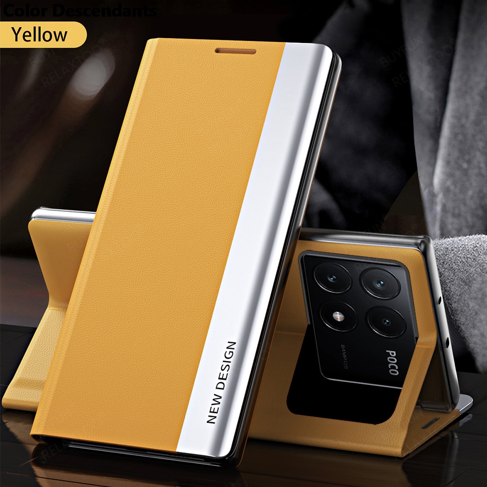 För poco  x6 pro 5g fodral i bokomslag, elektropläterat läder, flipfodral, pocox 6, poco little  x 6 x6 pro 6x, magnetiskt hållare, stativ: Aluminium / Gul