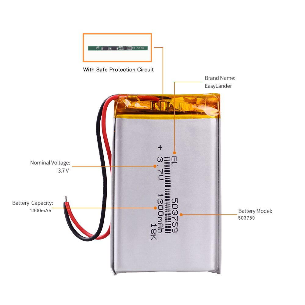 3.7V 1300mAH 503759 bateria de polímero de iões de lítio/bateria Recarregável Li-ion para GPS,mp3,mp4,mp5,dvd,bluetooth, brinquedo modelo de celular bluetooth