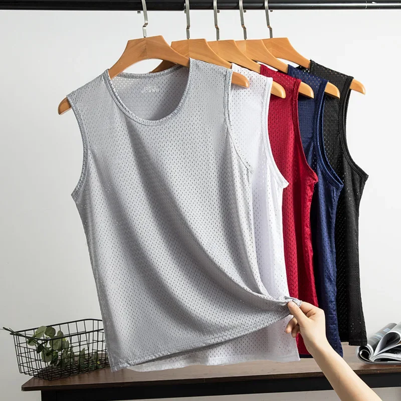 Tops para hombre, chaleco de seda helada, ropa exterior, camisetas sin mangas transpirables con agujeros de malla de secado rápido, chaleco fresco de verano, tanques de viaje para playa