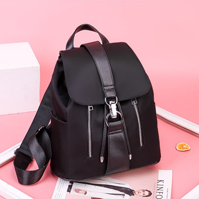 Simple Trending Solid Color Nylon Women's Backpacks Casual Large Capacity Black School Bags for Teenager