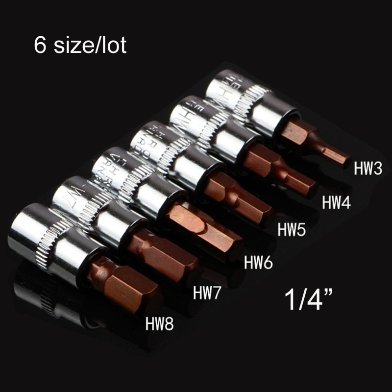 6 st 1/4 tums insex hex bits hylsa set  hw3 hw4 hw5 hw6 hw7 hw8 metriska skruvmejsel bit socklar handverktyg hylsa gemensam sexkantig
