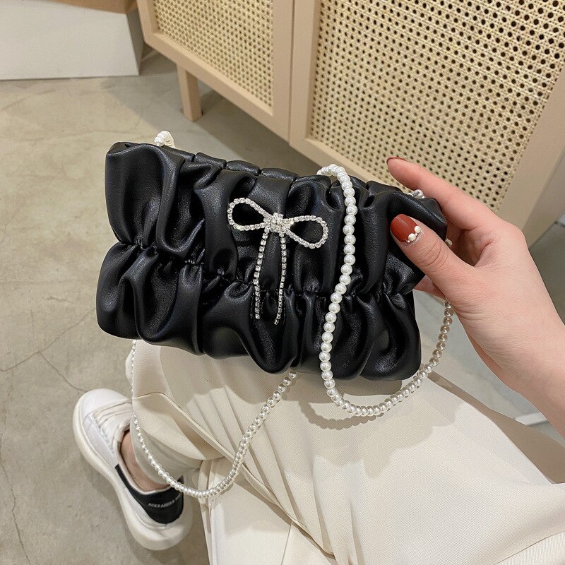 PU Leather Purses and Handbags for Women Luxury Girls Female Shoppers Folded Clouds Bow Pearls Wallets: heise