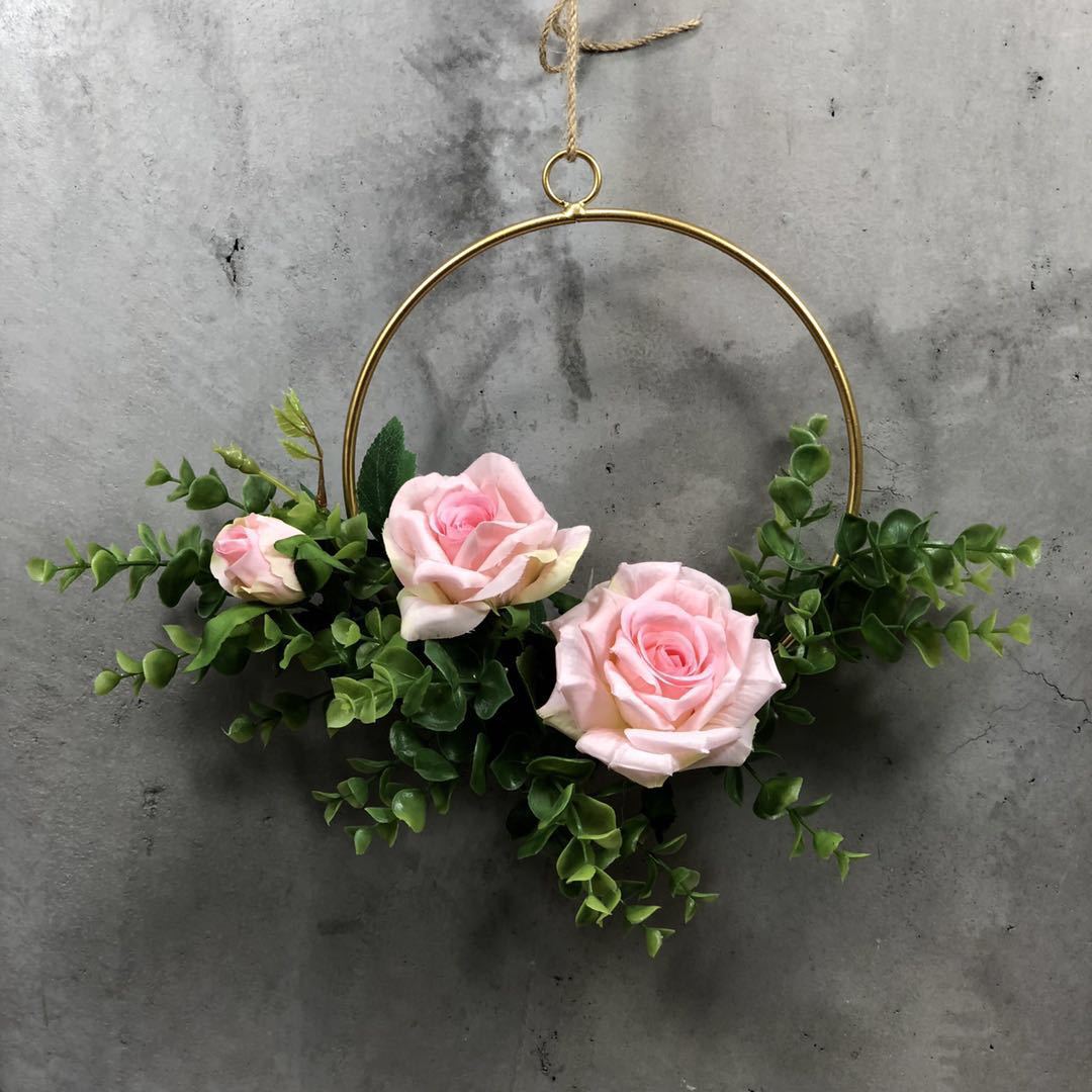 20cm jernreb guld metalring bærbar krans blomster bryllup brud blomster krans håndlavet catcher hoop baby shower indretning: Rund-lyserød