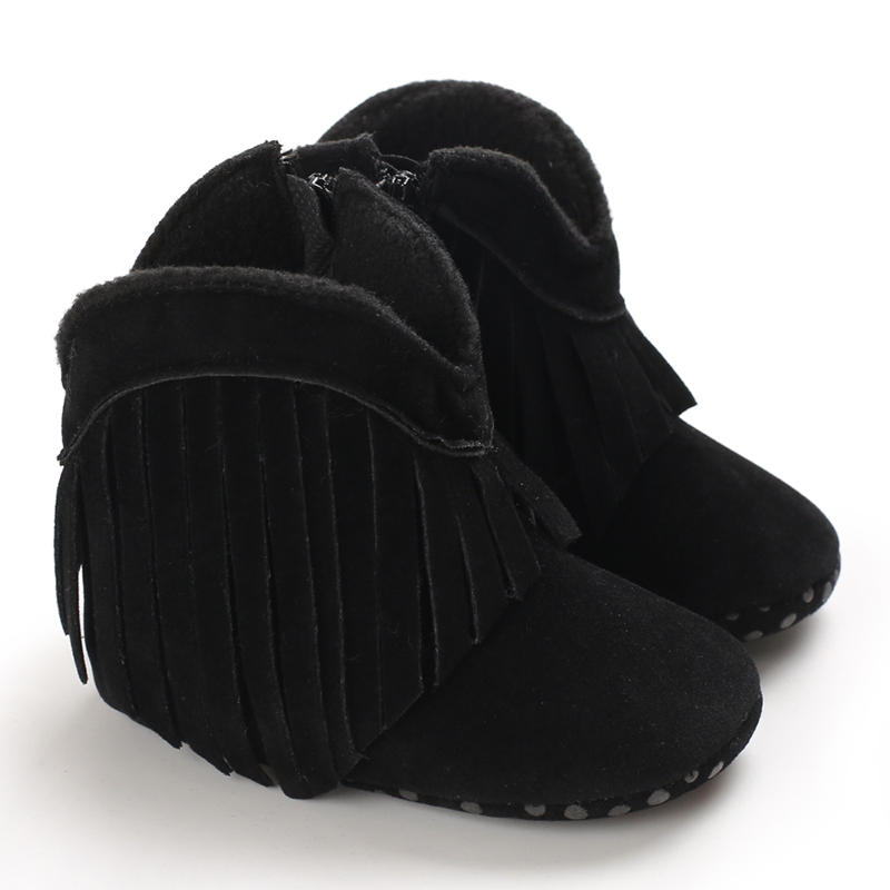 Men And Women Baby Winter Style Thermal Trainers 0-18Months Neonatal Indoor Walking Shoes Bed Shoes Tassels Soft Sole: black / 0-6 Months