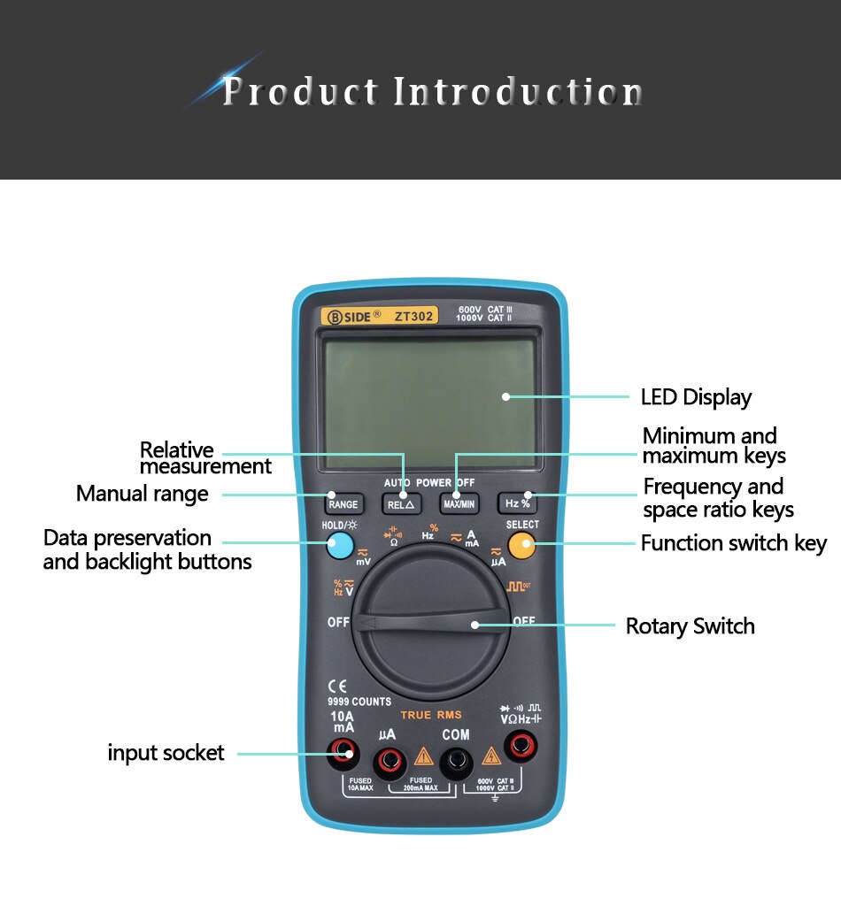 BSIDE ZT302 True RMS Digital Multimeter True RMS Voltmeter Ammeter AC/DC Voltage Temp Capacitance Tester Meter
