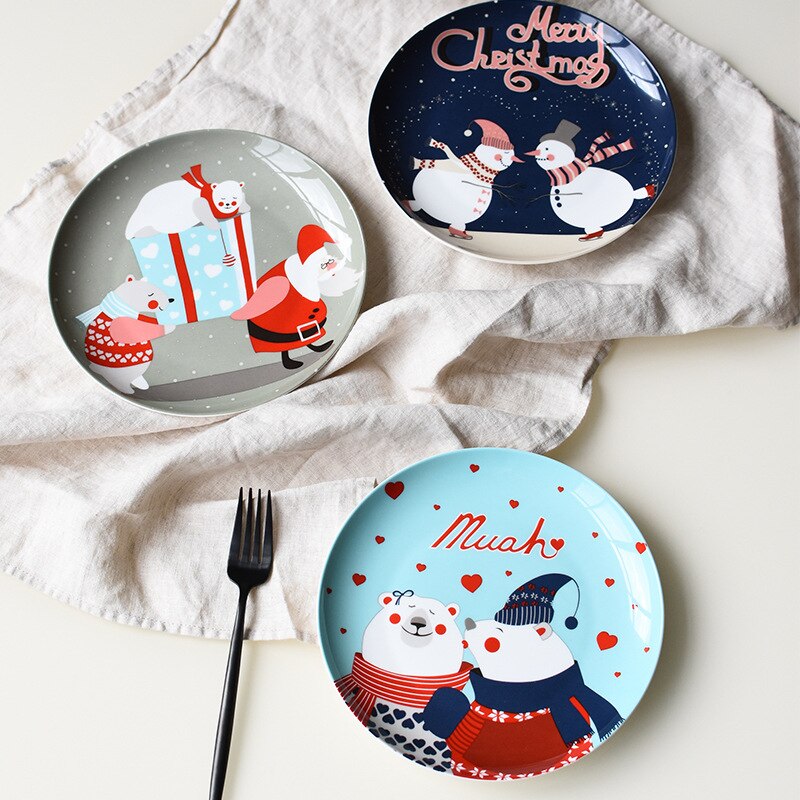Assiette en céramique de noël, 2 pièces, dessin animé, peint à la main, assiette à steak, assiette à fruits, porcelaine occidentale