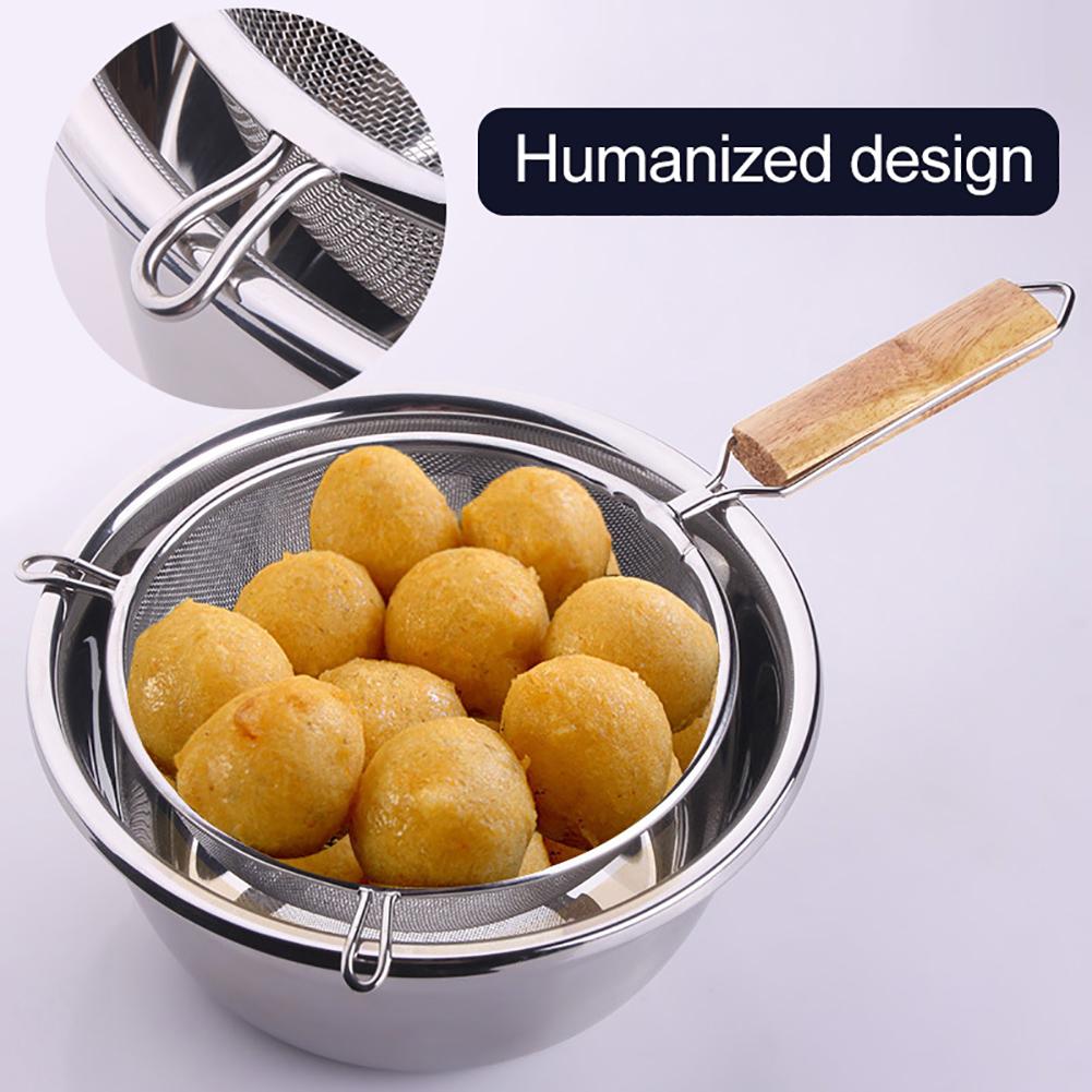 Wooden Handle Frying Food Oil Stainless Steel Screen Mesh Strainer Flour Sifter Sieve Filter Colander Skimme Kitchen Tools