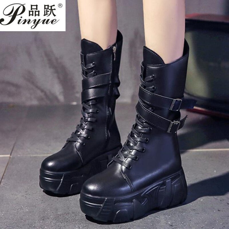 Vinter sort læder chunky platform støvler kvinder cross strap wedges sko kvinde spænde vandtæt mid kalv støvle