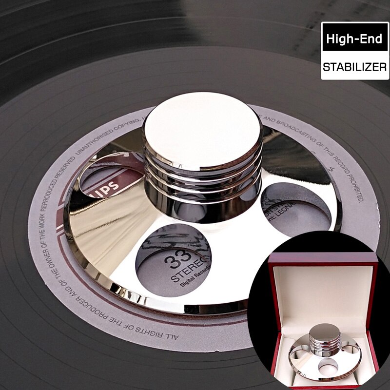 Deluxe Silver LP Vinyl Turntables Metal Disc Stabilizer Record Weight/Clamp With Wooden Package Box