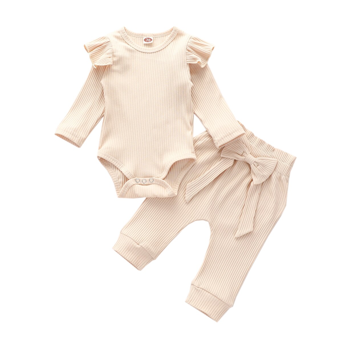 2 Stuks Peuter Kids Baby Girl Ruffle Bodysuit Romper Top Solid Strik Broek Broek Herfst Katoen Lange Mouw Outfit Kleding set: 3 / 9m