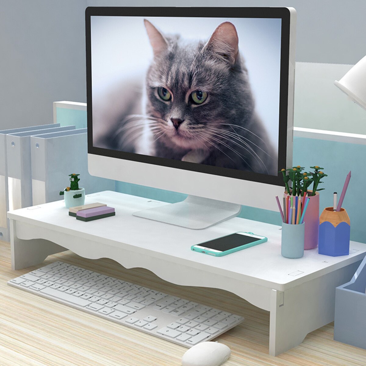 2-Tiers Wooden Computer Desktop Monitor Stand Shelf PC Monitor Riser For Notebook TV Screen Riser With Storage Organizer Shelf: White Simple type