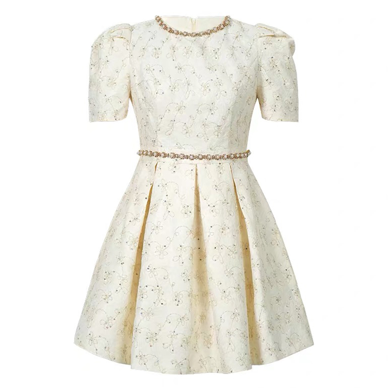 Elegante Luxe Kant Zomer Avondjurk Vrouwen Kleding Zoete Poff Mouw Slanke A-Line Short Party Club Prom Vestidos Fiesta: S / Beige