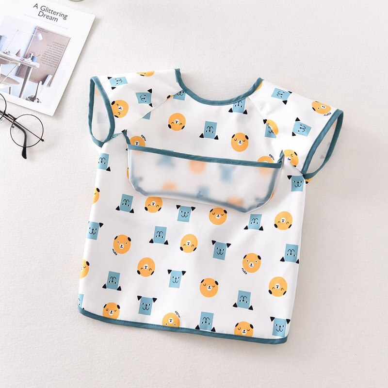 Cute Baby Bibs Short Sleeve Children Apron Waterproof Washable Clothing For Kids Baby Feeding Bibs: white