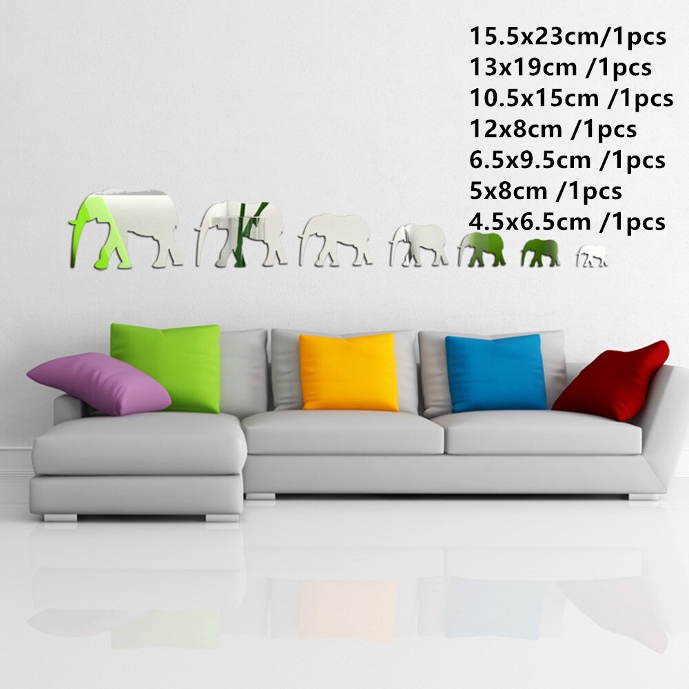 decoración de habitación espejos decorativos de pared Espejo Adhesivo de pared con forma de elefante, decoración de pared para sala de estar y baño, varias combinaciones de diferentes tamaños, 7 Uds.: Silver