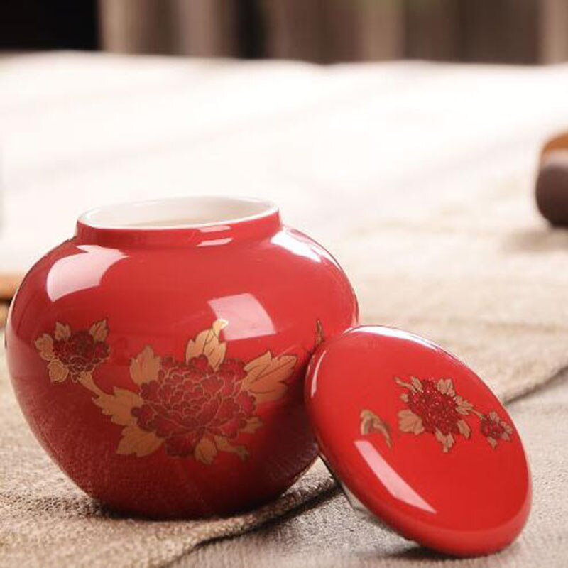 Chinese Style Container Cans Teaware Kitchen Household Supply Ceramic Peony Pattern Tea Caddy Tea Box Sealed Storage Jar
