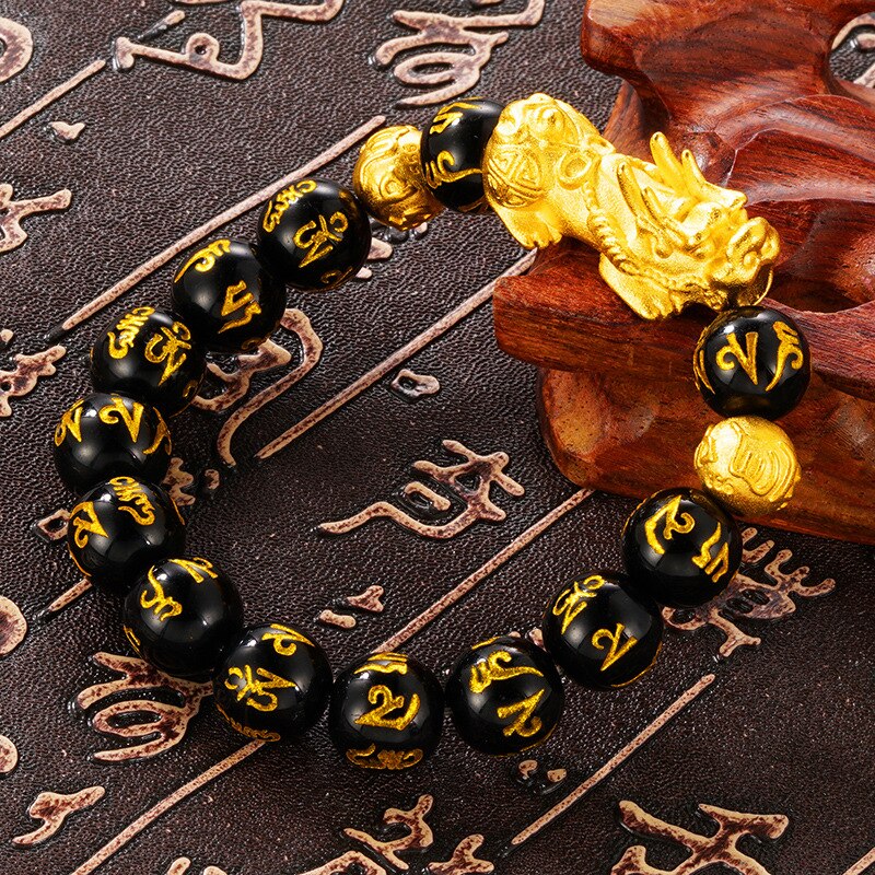 Top natural Obsidian Stone Beads Bracelets Wristband Wealth real 24K gold pendant Women Men Religious Strand Bracelets