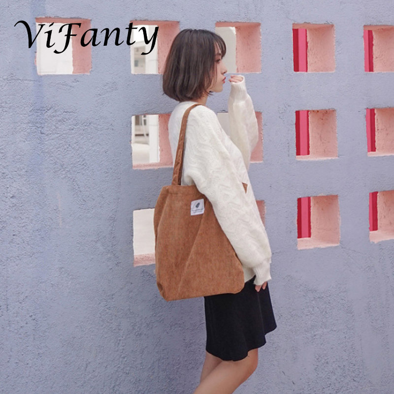 Meisjes Vrouwen Corduroy Boodschappentas Canvas Doek Schoudertas Milieu Opslag Handtas Herbruikbare Eco Grocery Totes Tas