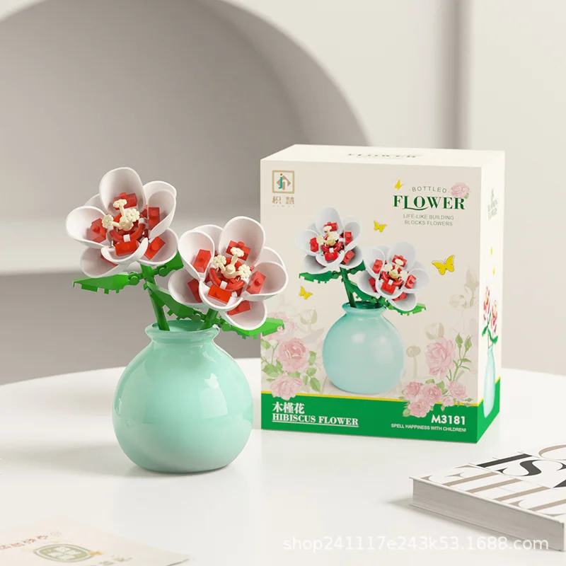 Building block pot plant bouquet of flowers, roses, lily building blocks, toys with flower pots, cute living room ornaments: Red