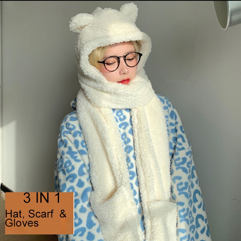 Pasamontañas con orejas para mujer, conjunto de gorro, bufanda y guantes de invierno, gorros cálidos e informales de felpa, accesorios Kawaii