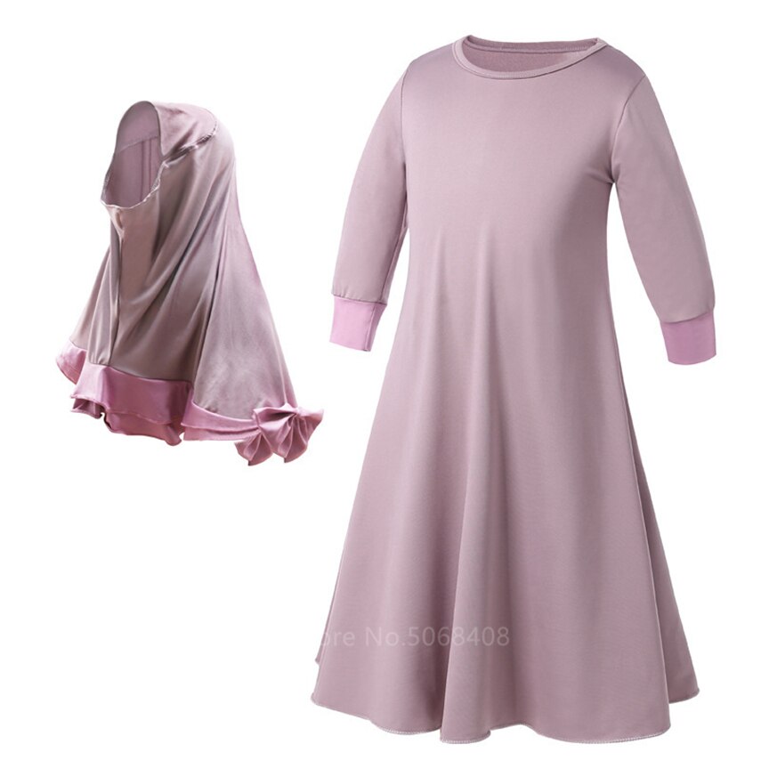 Moslim Traditionele Kleding Islamitische Gewaad Kids Baby Meisjes Rijker Saudi Arabische Dubai Effen Abaya Kaftan Met Ruche Boog Hijab Jurk