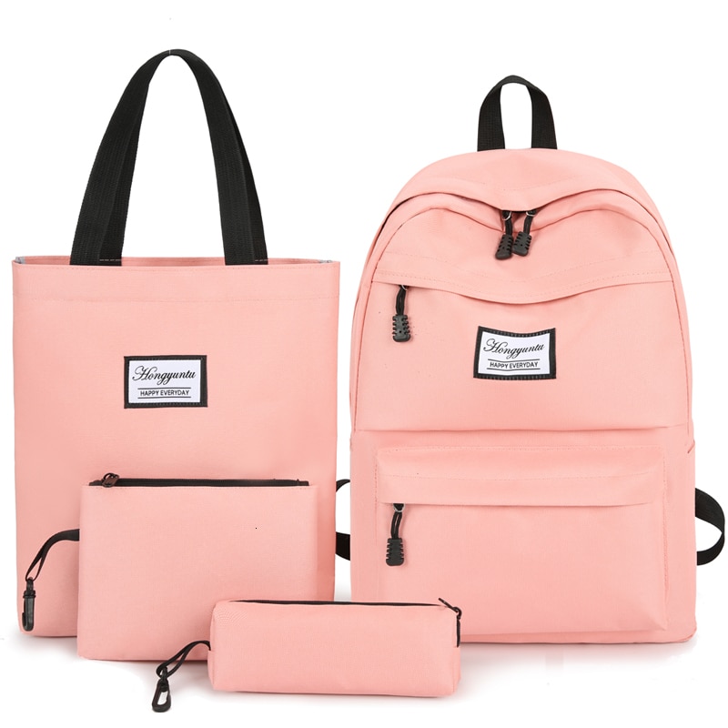 Conjunto de Mochilas de Lona de Color Sólido para Mujer o Chica Joven, Bolsos Grandes, para Colegio o Viaje, Ideales para Adolescente, 4 Unidades: Pink