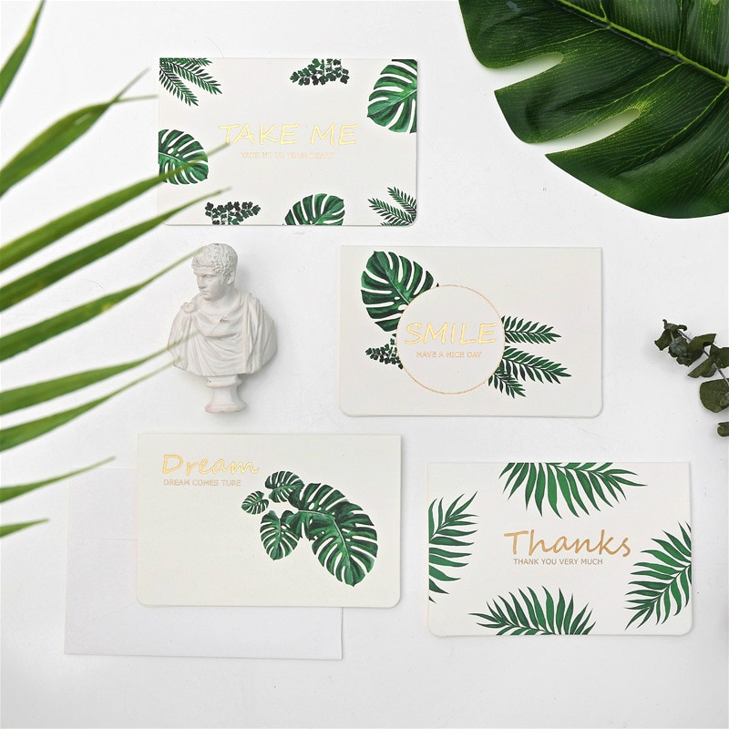 3pc Gilding White Cardboard Greeting Card Folded Paper Envelope Green Plant Notebook Diary Student School Office Stationery: Default Title