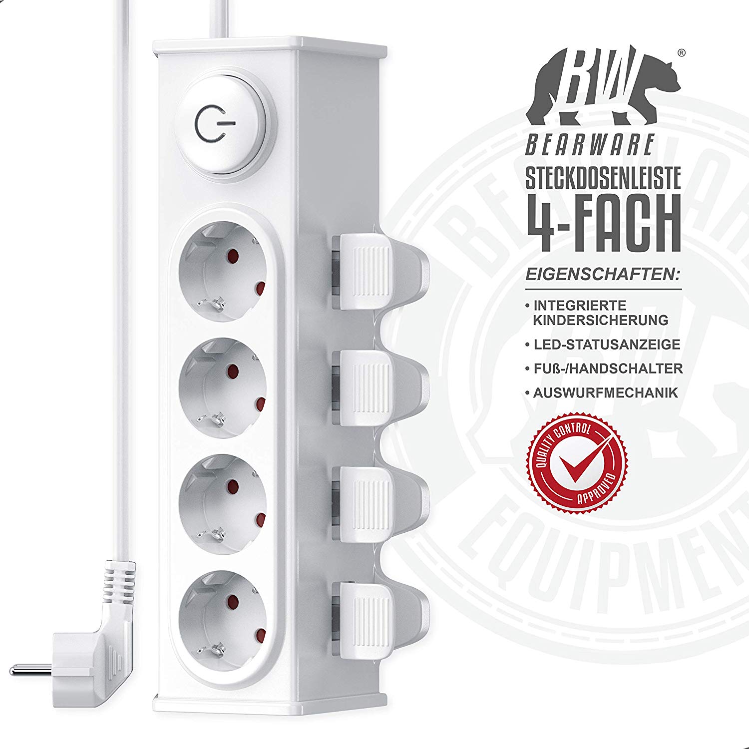 Power Strip Surge Protector 4-way EU Electric Plugs Sockets Ejector by Foot/Hand 3680W Wall Mounting Integrated Child Protection