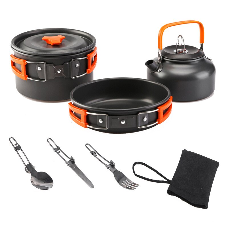 Utensilios de cocina portátiles de aleación de aluminio ultraligeros, 7 piezas, para acampar, cocina al aire libre, Picnic, vajilla, hervidor, sartén: orange