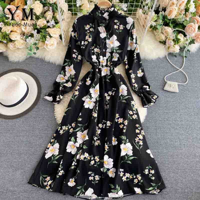 Yuoomuoo kvinder retro blomstret kjole stander krave slank lang vestidos forår efterår chiffon langærmet kjole femme: Sort
