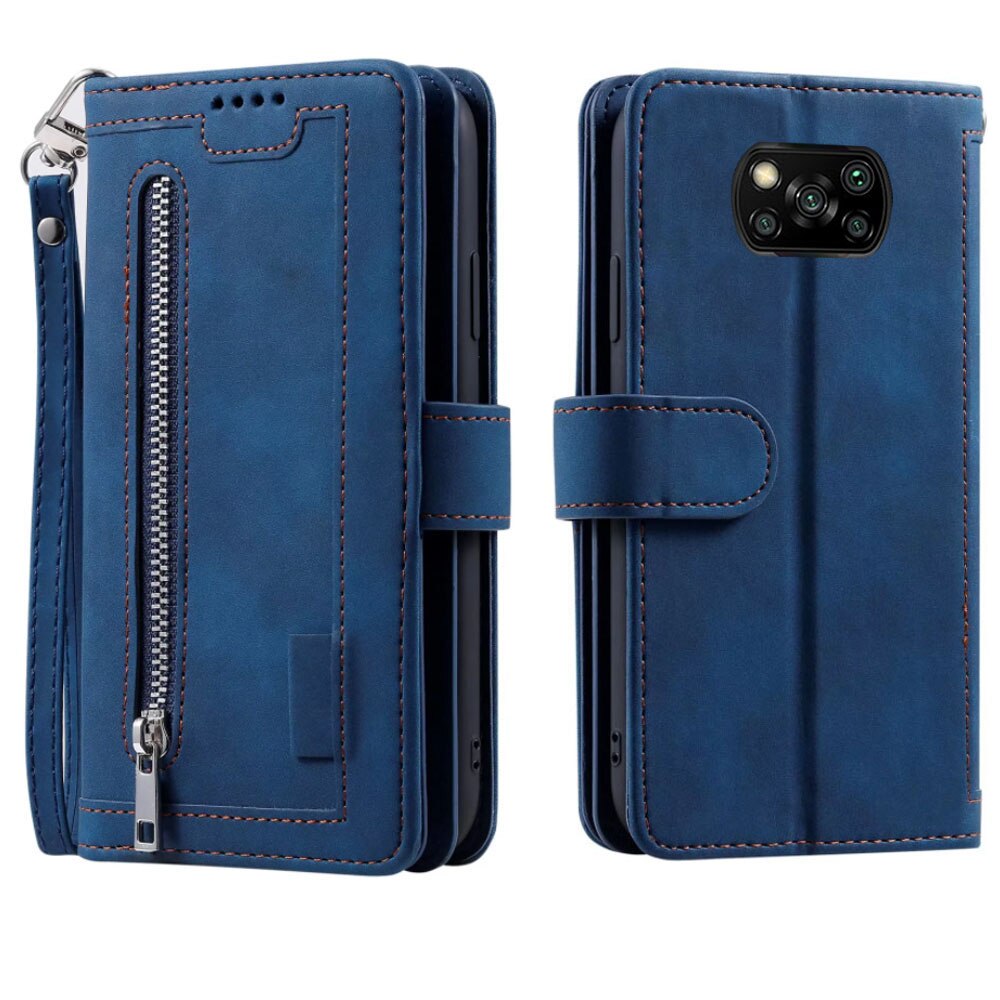 9 Kaarten Wallet Case Voor Xiaomi Poco X3 Nfc/X3 Pro Telefoon Geval Card Slot Rits Flip Folio Met polsband: For Poco X3 Pro / Blue