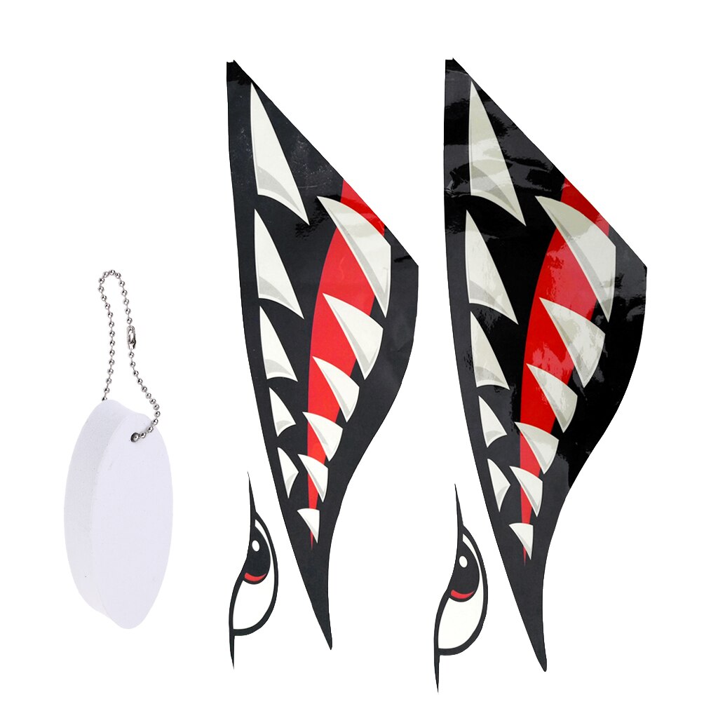 2 pegatinas de vinilo con dientes de tiburón para Kayak Jet Ski + llavero flotante con forma de tabla de surf blanca