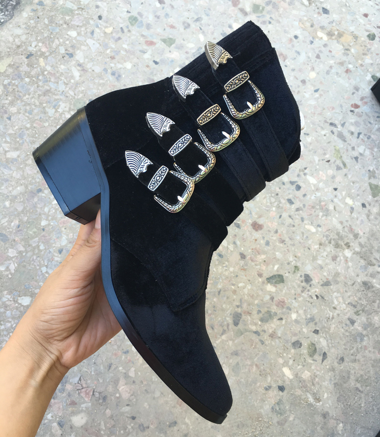 Frauen Samt Stiefel Reißverschluss Spitz Gürtel Schnalle hoch oben Knöchel Chelsea Stiefel Schuhe klobig Ferse Westlichen Neue 2 Farben: Schwarz / 39