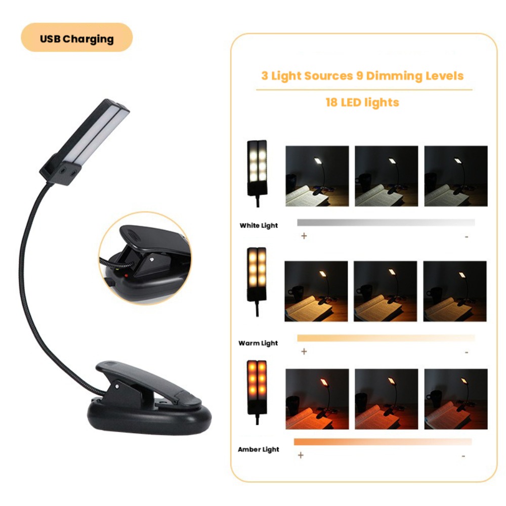 Luz LED negra de con 18 luces, atril recargable por USB, lámpara de lectura de escritorio portátil para dormitorio: YELLOW