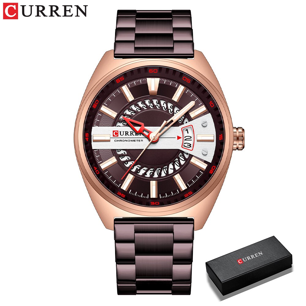 Curren Casual Sport Chronograph Horloges Roestvrij Stalen Band Horloge Grote Wijzerplaat Quartz Klok Met Lichtgevende Pointers: coffee-box