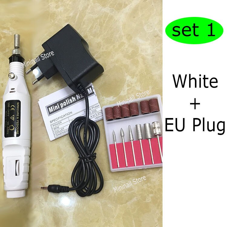 Mini nagelboorset met 6 bits, elektrische boormachines, manicure, stylingtool, pedicure, vijlen, vormgeven, voetverzorgingsproduct: Wit - eu-stekker