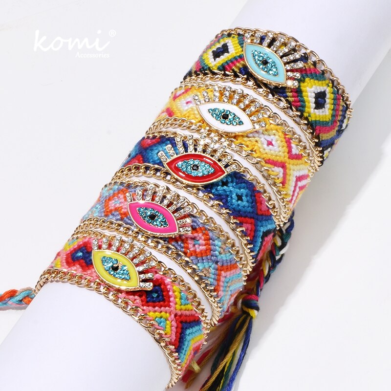 KOMi Kreative Bohemien handgefertigt gewebte Ethik Armbänder Für Frauen Bunte Augen Strass Kristall Quaste Armbinde K1128