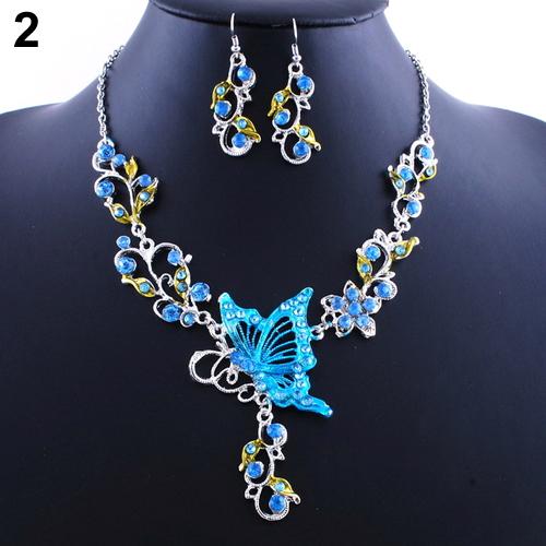 Dame Braut Vinatge Schmetterling Blume Lätzchen ErkläSprosse Halskette Ohrringe Schmuck einstellen parrure Schmuckstück femme: Blau