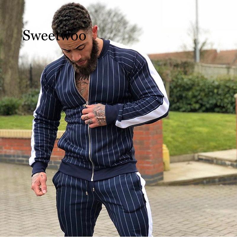 Træningsdragter herre løbe sportstøj jakkesæt sweatshirt sweatpants fitness træning hættetrøjer og bukser sæt jogging tøj til mænd: Mørkeblå / Xl
