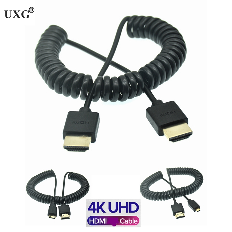 OD 3.0mm Mini-HD-to Coiled 4k Cable HDMI-2.0 To Micro HDMI-compatible Stretch Spring Curl Flexible Thin Cables 2k 4k Hd @60hz