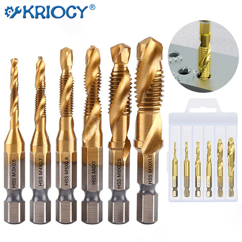 Titanium Plated Hex Shank HSS Screw Thread Metric Tap Drill Bits Screw Machine Compound M3 M4 M5 M6 M8 M10 Hand Tools