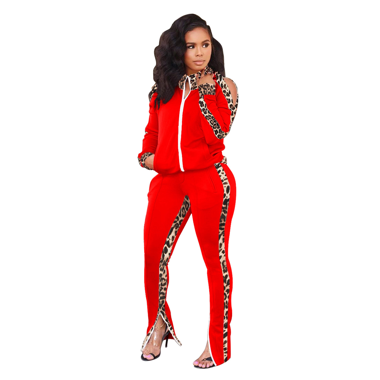 Women Suit Stand-up Collar Jacket Bundled Ankle Sports Pants Two-piece Leopard Print Ladies Suit Warm Comfortable Stitching: XXL / Red