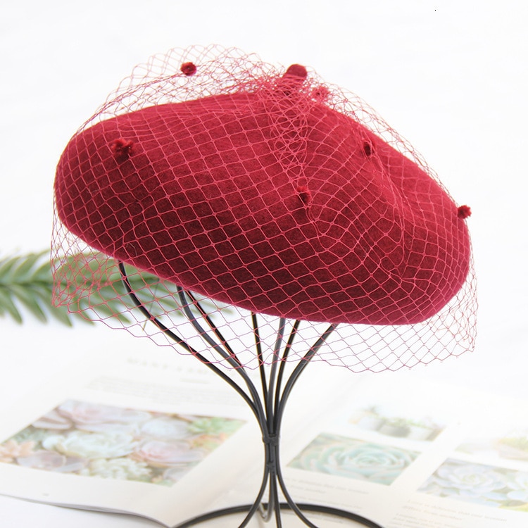 Boina de malla para mujer, gorro de pintor Camel, gorros Vintage con velo, gorro de invierno suave para artista francés, boina: wine