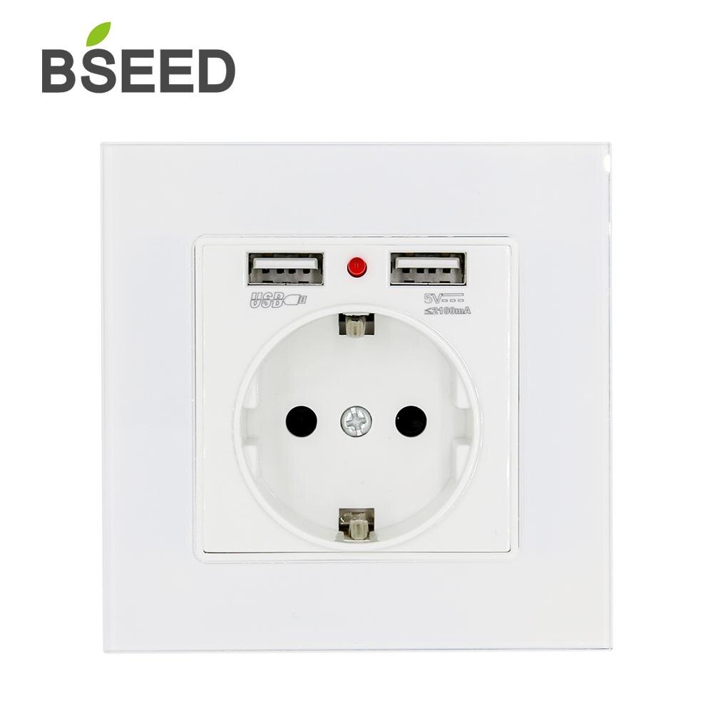 BSEED EU Standard Wall Socket With Double USB Wall Decorative Socket Dual Black Golden White Glass Panel