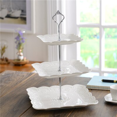 Flerlags engelsk brett keramisk fruktfat firkantet snack fat kakebrett hvit preget godteribrett hylle: 15-20-25.5cm b1