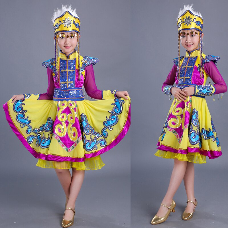 Vestido de Mongolia amarillo para niños para el escenario de los trajes nacionales chinos niñas Hmong Ropa de baile niños traje de danza tradicional