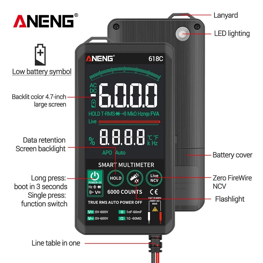 Aneng 618C Smart Touch Digitale Multimeter Professionele Transistor Condensator Ncv Testers Meter Dc Analoge Bar True Rms Auto Tester